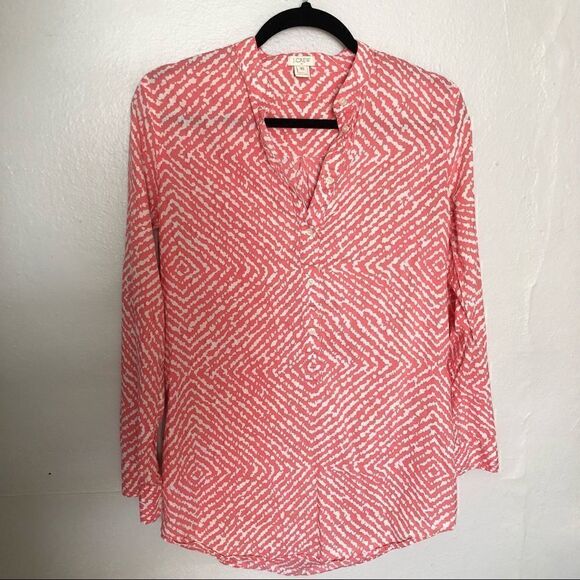 J. Crew Tops - J Crew pink and white geometric print button down tunic shirt lightweight cotton